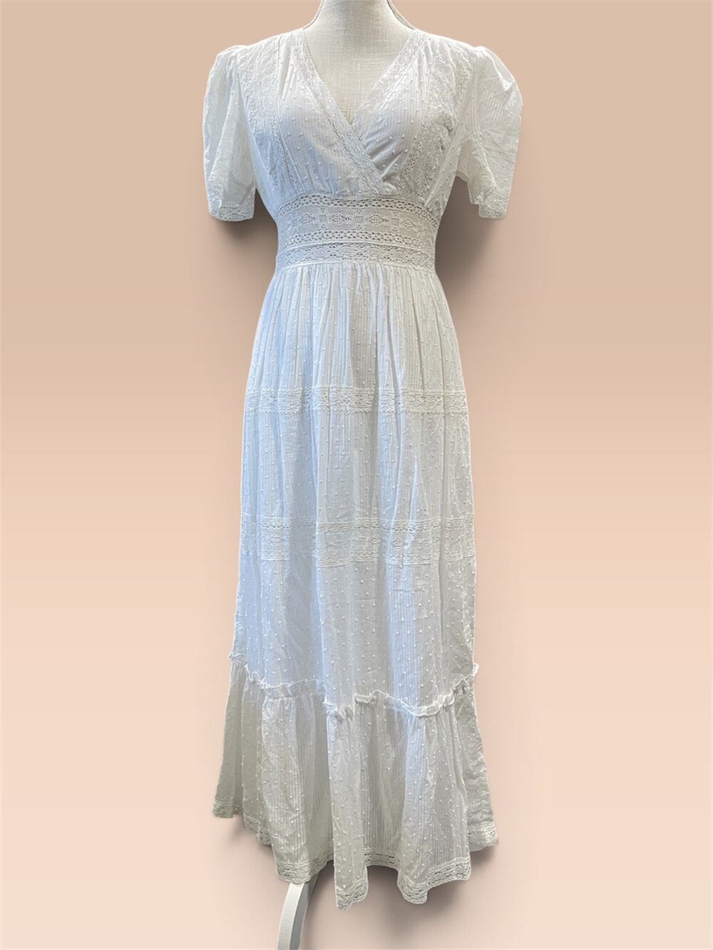 Lulus Small White Maxi Dress Swiss Dot Crochet Lace Wrap V-Neck Short Sleeve